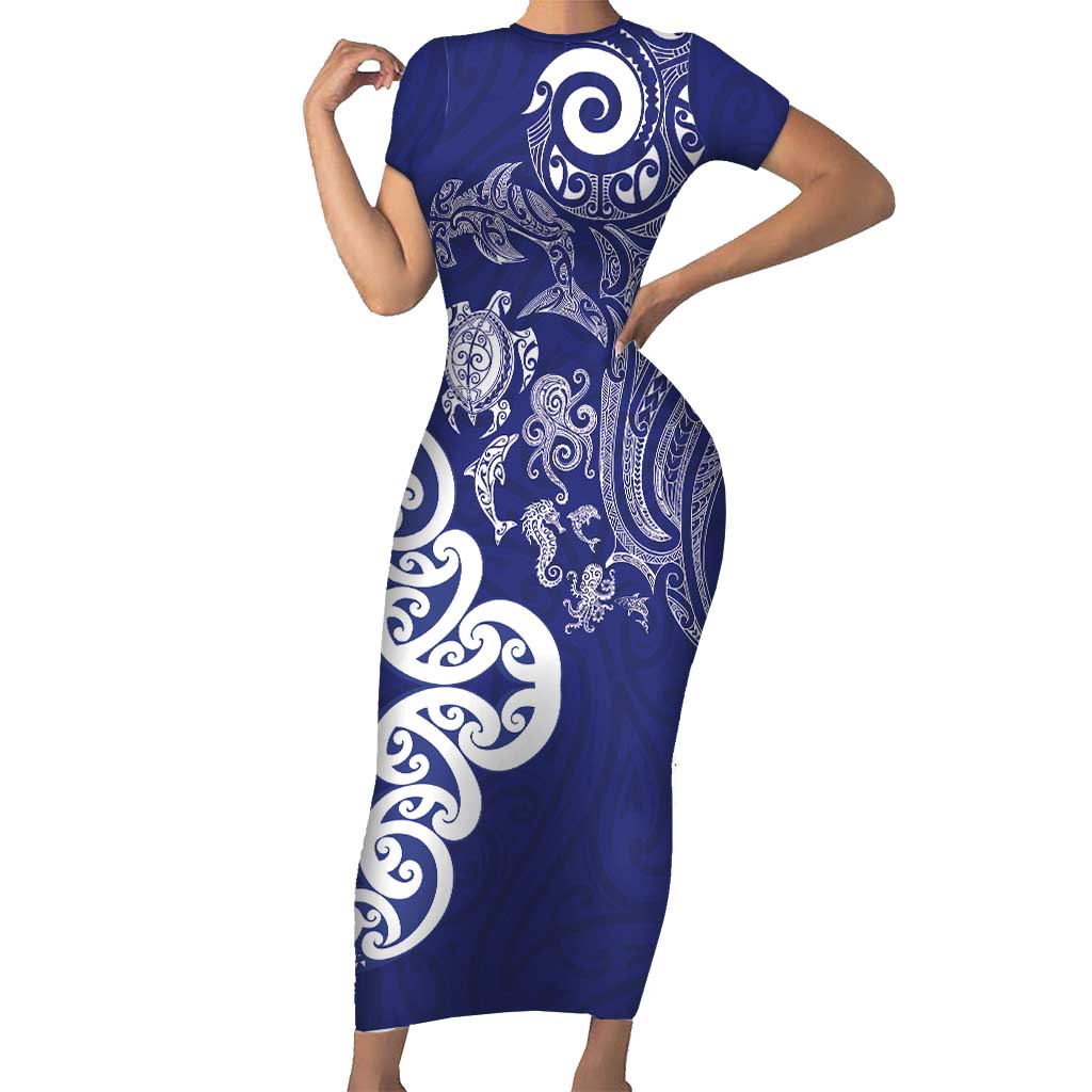 New Zealand Sea Animals with Maori Tribal Tattoo Short Sleeve Bodycon Dress Blue Color LT03 Long Dress Blue - Polynesian Pride