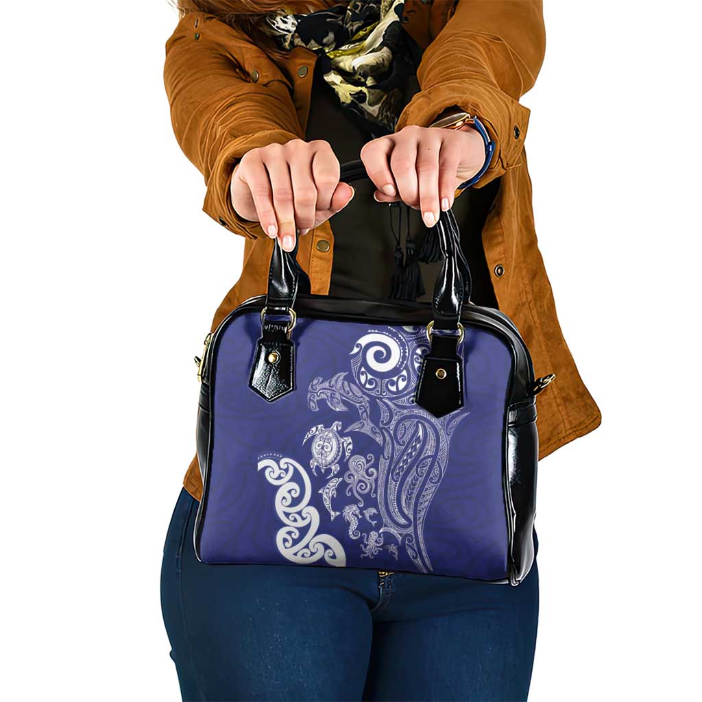 New Zealand Sea Animals with Maori Tribal Tattoo Shoulder Handbag Blue Color