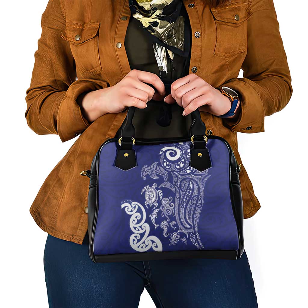 New Zealand Sea Animals with Maori Tribal Tattoo Shoulder Handbag Blue Color