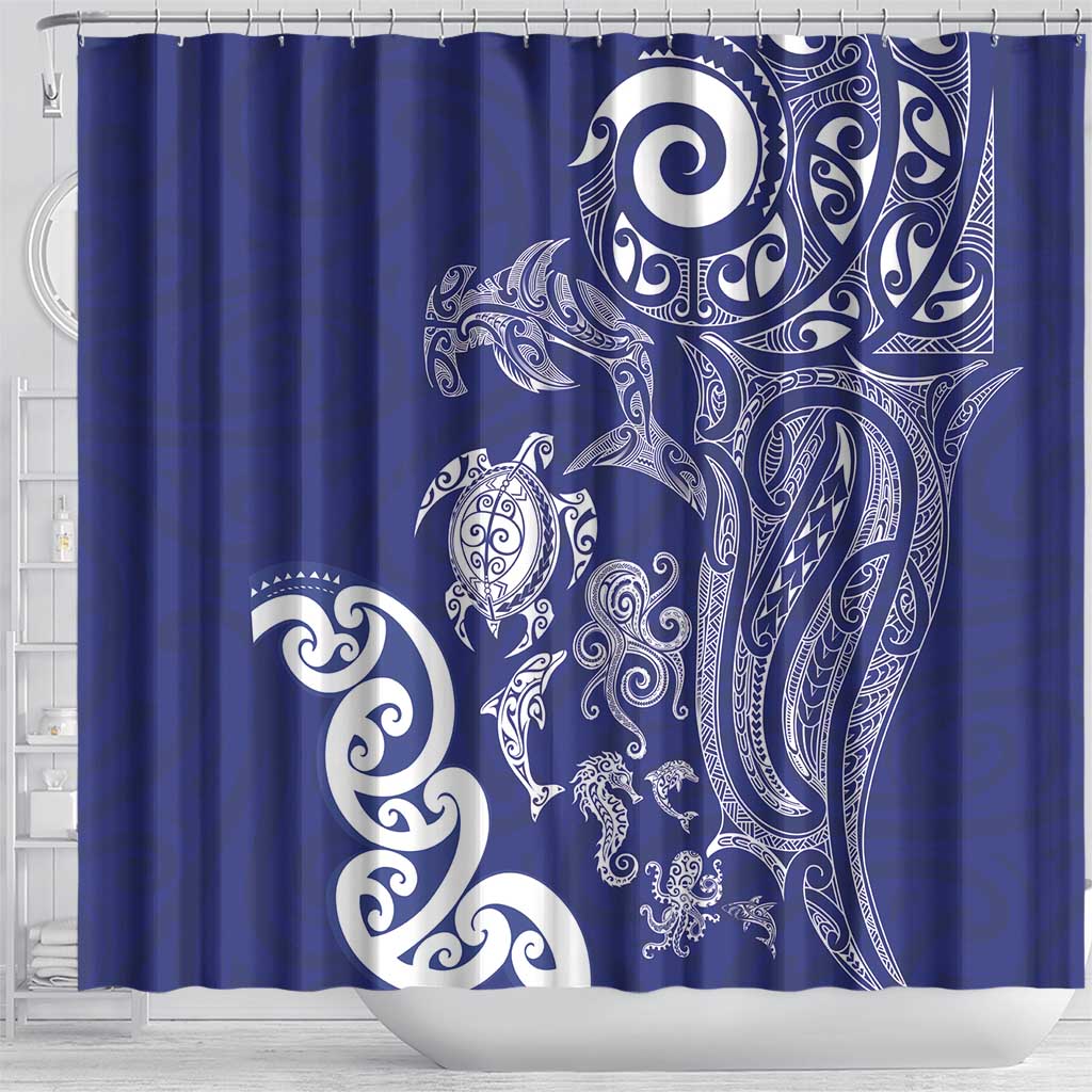New Zealand Sea Animals with Maori Tribal Tattoo Shower Curtain Blue Color LT03 - Polynesian Pride