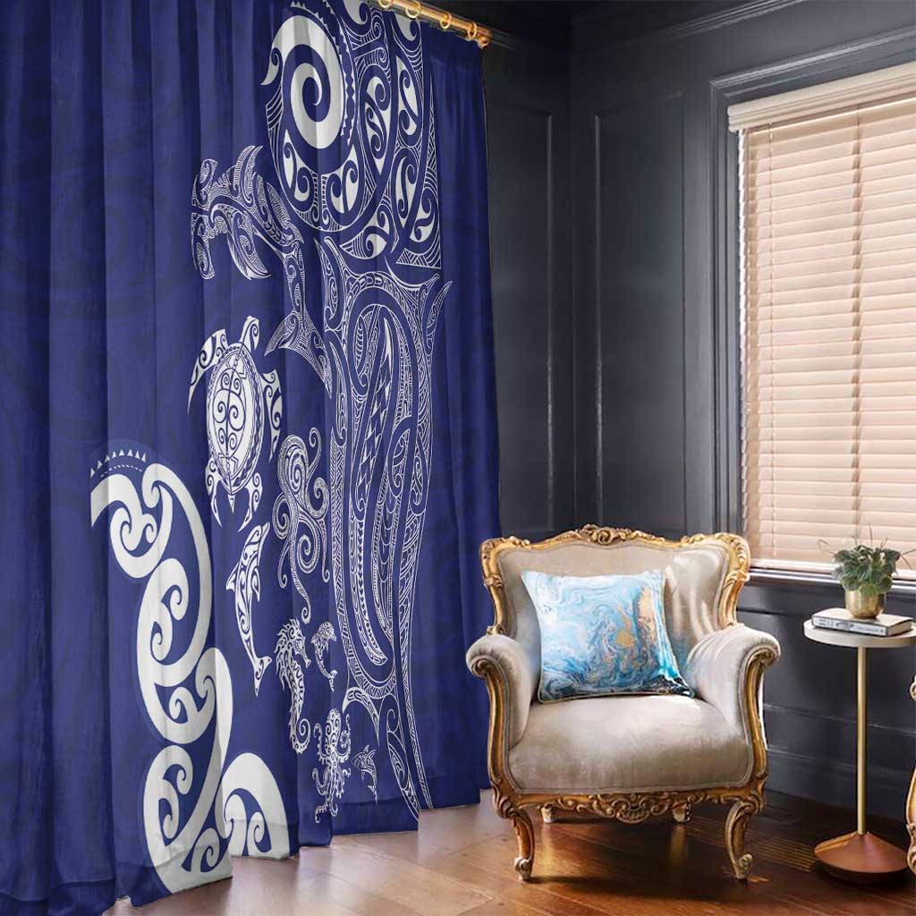 New Zealand Sea Animals with Maori Tribal Tattoo Window Curtain Blue Color