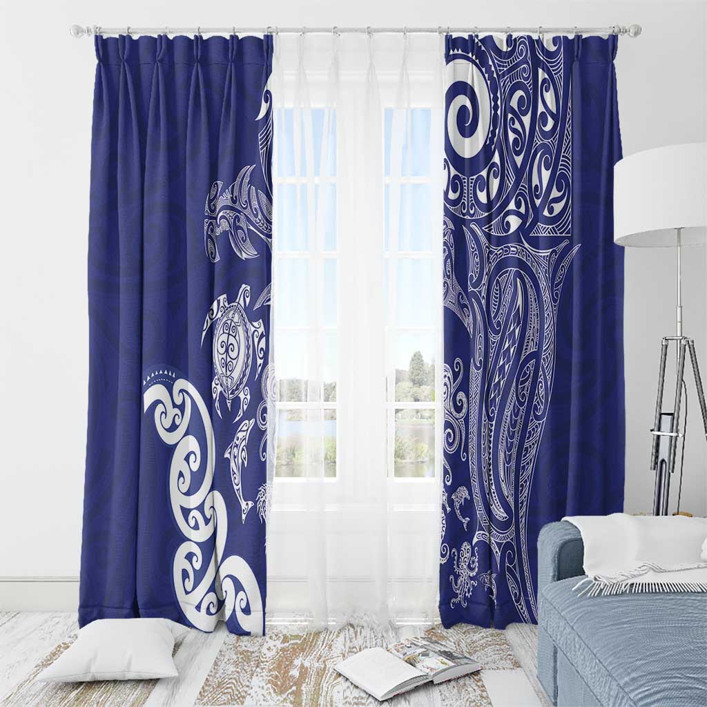 New Zealand Sea Animals with Maori Tribal Tattoo Window Curtain Blue Color