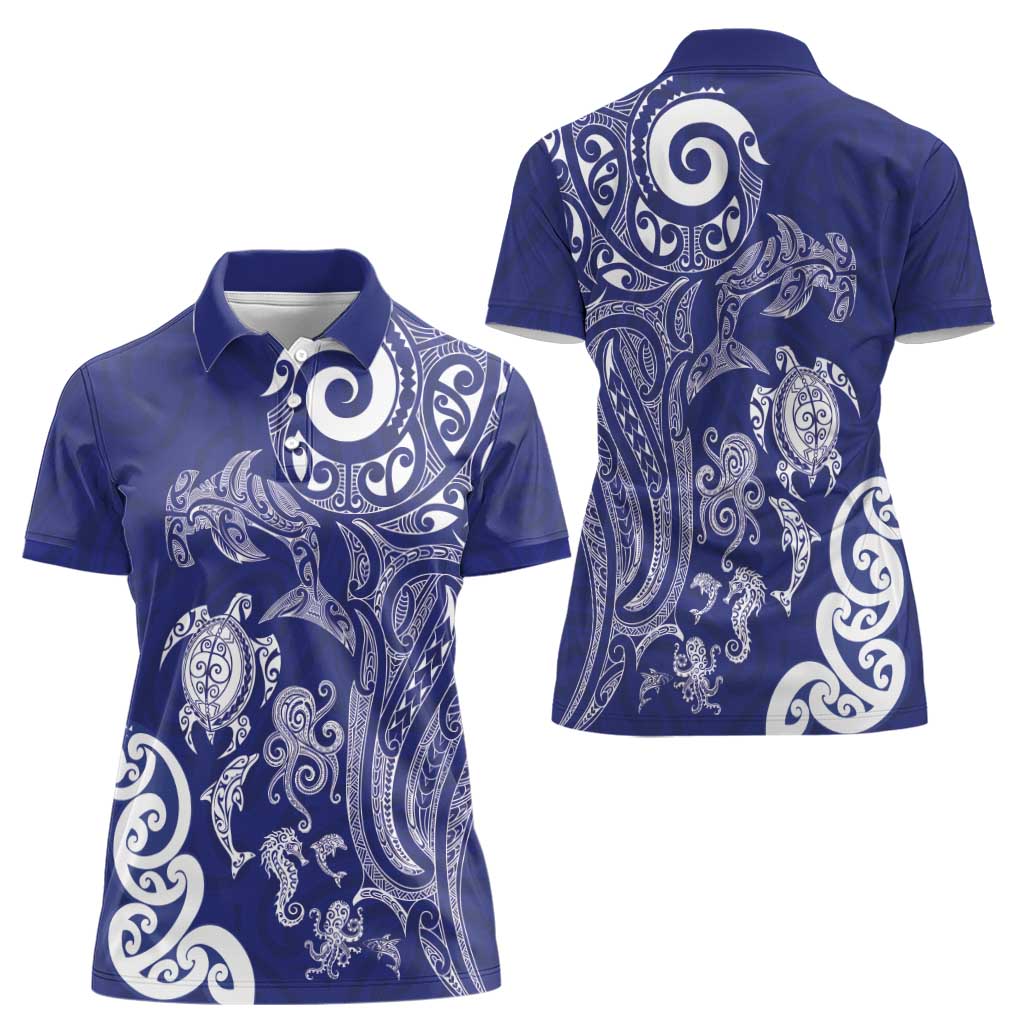 New Zealand Sea Animals with Maori Tribal Tattoo Women Polo Shirt Blue Color LT03 - Polynesian Pride