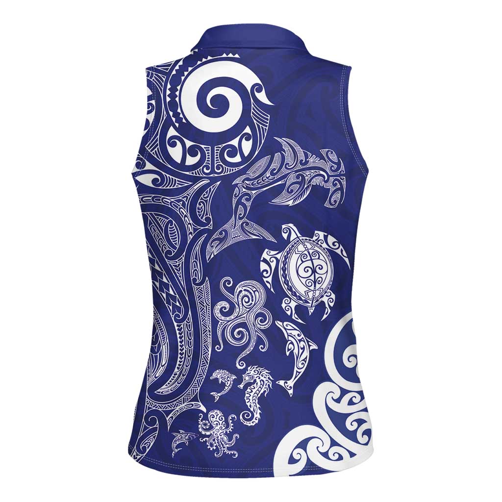 New Zealand Sea Animals with Maori Tribal Tattoo Women Sleeveless Polo Shirt Blue Color LT03 - Polynesian Pride