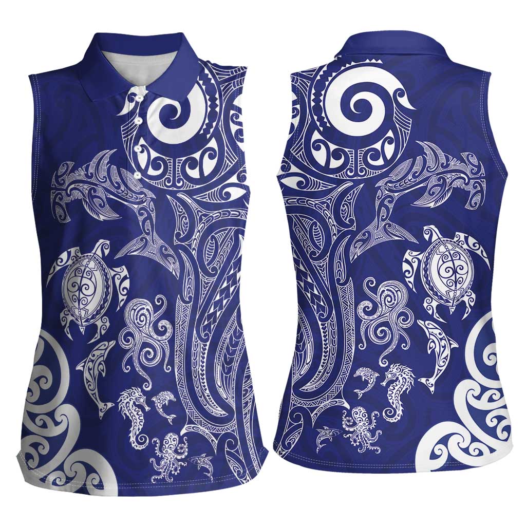 New Zealand Sea Animals with Maori Tribal Tattoo Women Sleeveless Polo Shirt Blue Color LT03 - Polynesian Pride