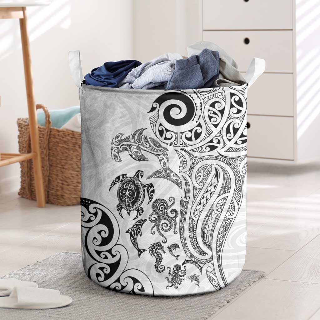 New Zealand Sea Animals with Maori Tribal Tattoo Laundry Basket White Color
