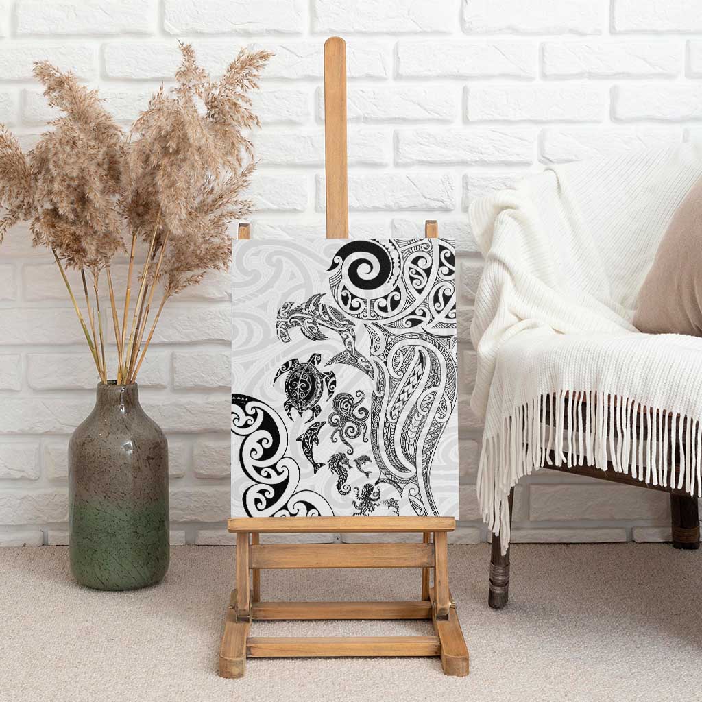 New Zealand Sea Animals with Maori Tribal Tattoo Canvas Wall Art White Color