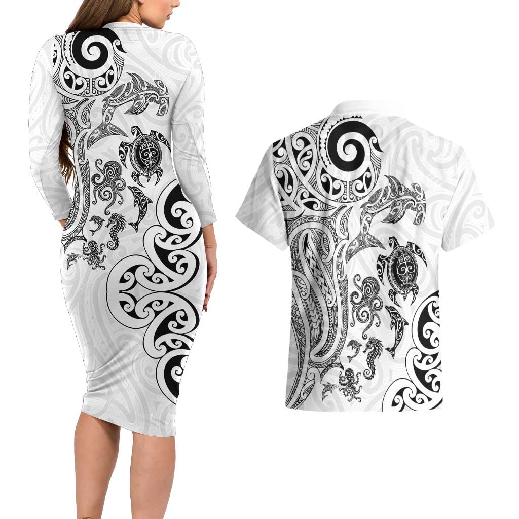 New Zealand Sea Animals with Maori Tribal Tattoo Couples Matching Long Sleeve Bodycon Dress and Hawaiian Shirt White Color LT03 - Polynesian Pride