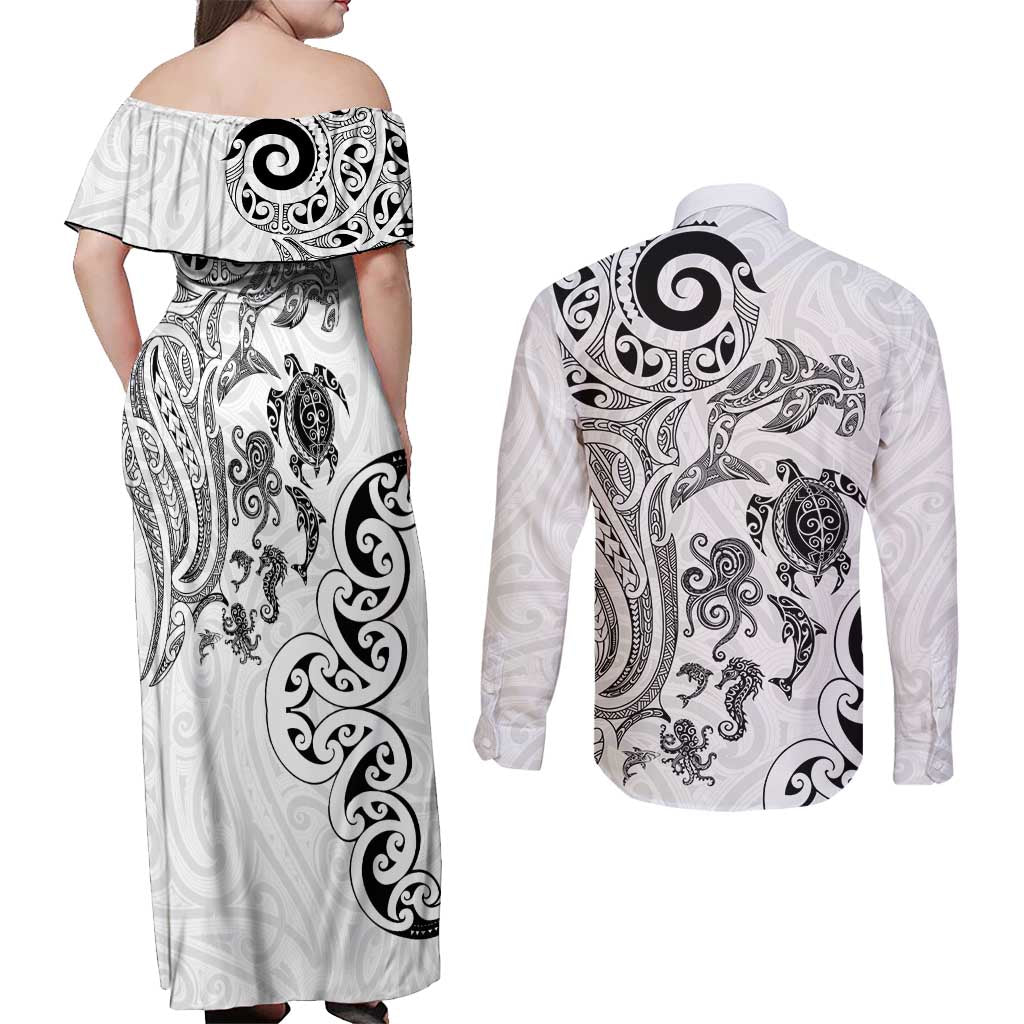 New Zealand Sea Animals with Maori Tribal Tattoo Couples Matching Off Shoulder Maxi Dress and Long Sleeve Button Shirt White Color LT03 - Polynesian Pride