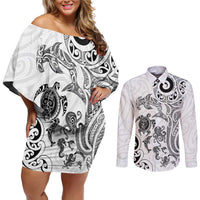 New Zealand Sea Animals with Maori Tribal Tattoo Couples Matching Off Shoulder Short Dress and Long Sleeve Button Shirt White Color LT03 White - Polynesian Pride