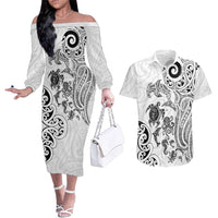 New Zealand Sea Animals with Maori Tribal Tattoo Couples Matching Off The Shoulder Long Sleeve Dress and Hawaiian Shirt White Color LT03 White - Polynesian Pride
