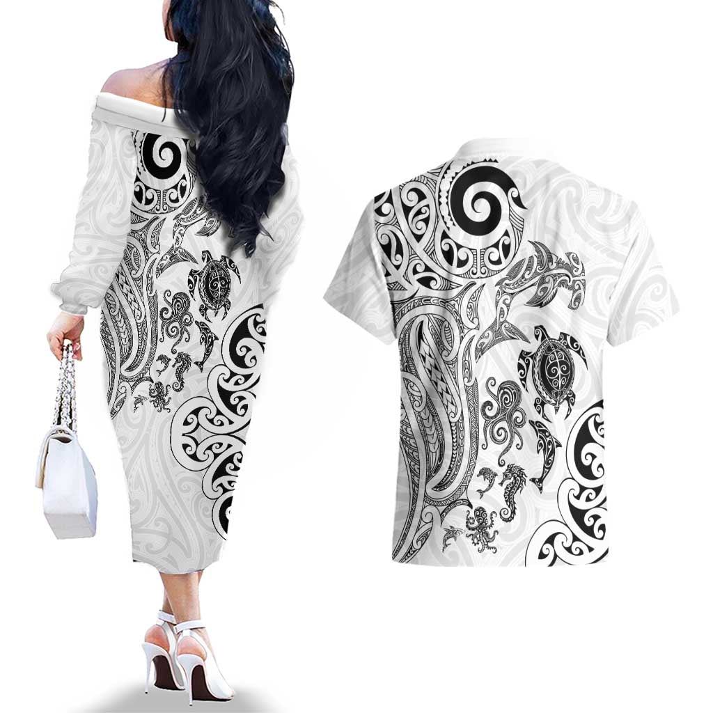 New Zealand Sea Animals with Maori Tribal Tattoo Couples Matching Off The Shoulder Long Sleeve Dress and Hawaiian Shirt White Color LT03 - Polynesian Pride