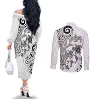 New Zealand Sea Animals with Maori Tribal Tattoo Couples Matching Off The Shoulder Long Sleeve Dress and Long Sleeve Button Shirt White Color LT03 - Polynesian Pride