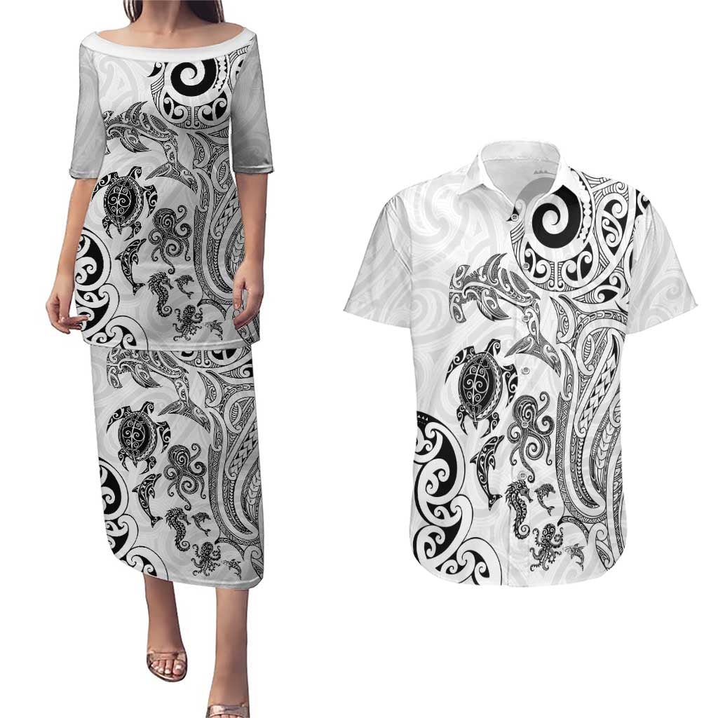 New Zealand Sea Animals with Maori Tribal Tattoo Couples Matching Puletasi and Hawaiian Shirt White Color LT03 White - Polynesian Pride
