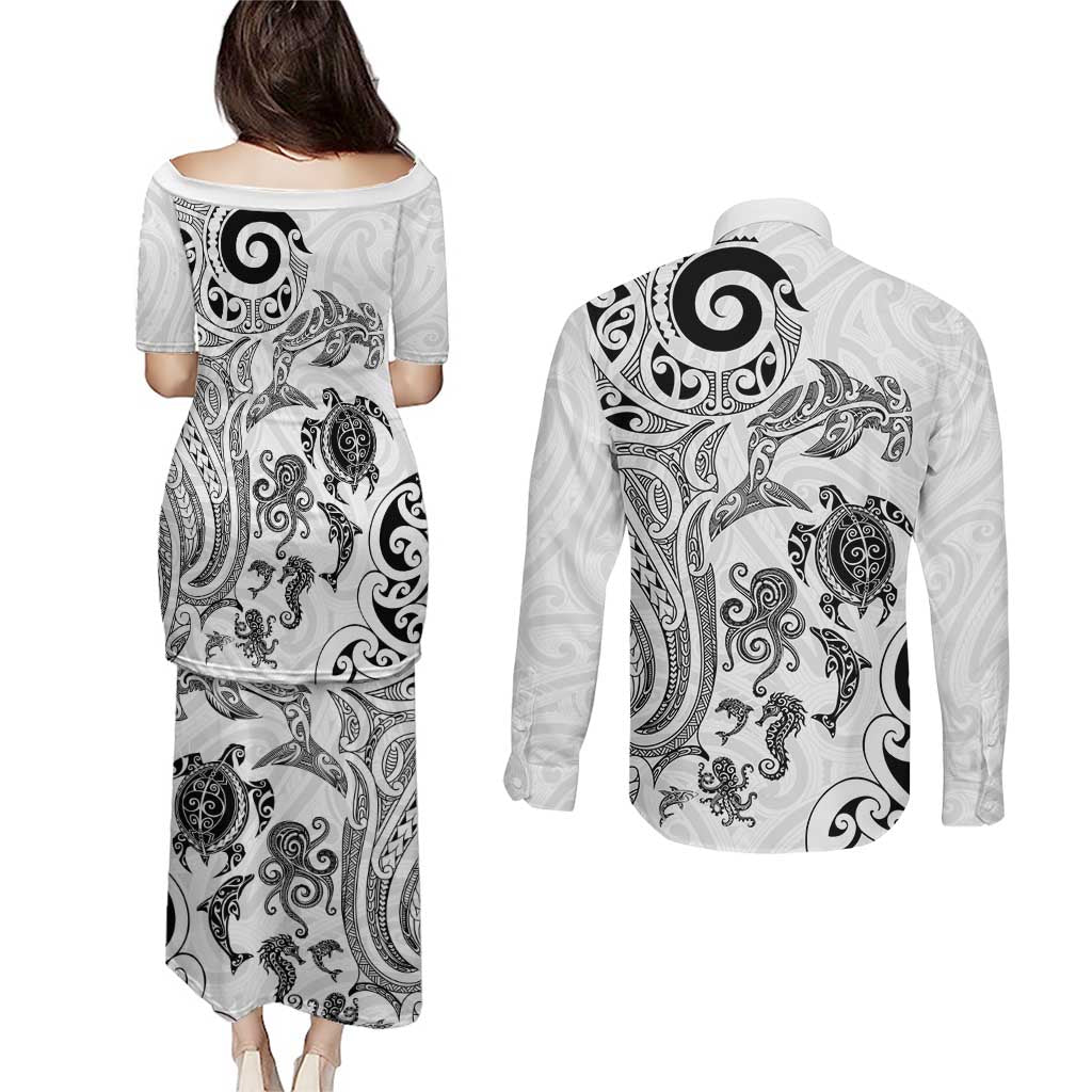 New Zealand Sea Animals with Maori Tribal Tattoo Couples Matching Puletasi and Long Sleeve Button Shirt White Color LT03 - Polynesian Pride