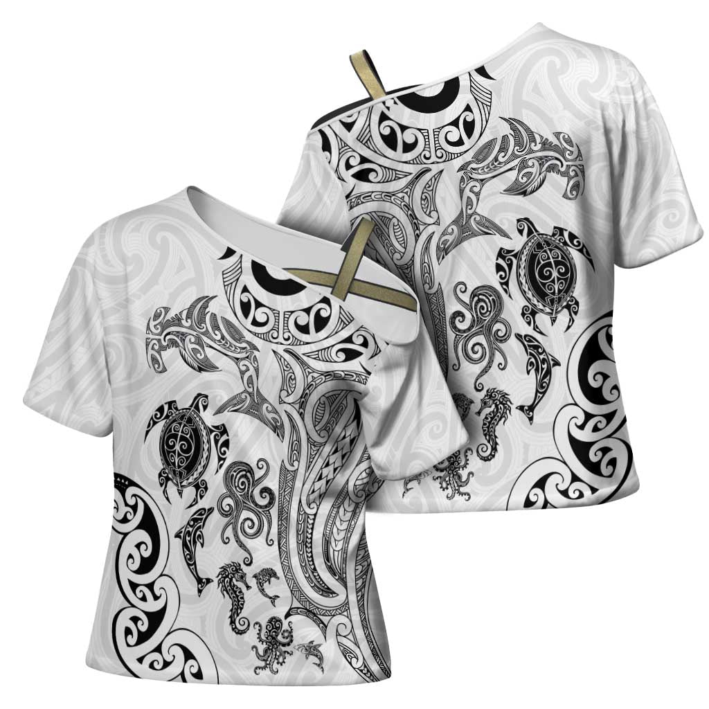 New Zealand Sea Animals with Maori Tribal Tattoo Cross Shoulder Shirt White Color LT03 - Polynesian Pride
