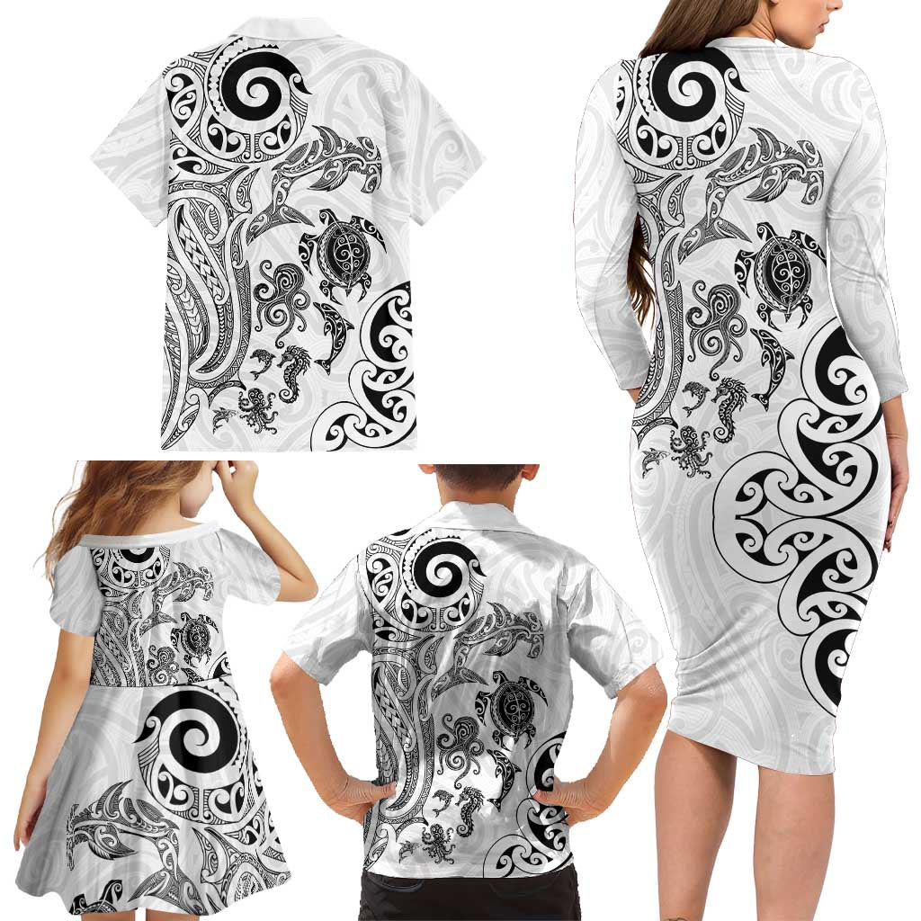 New Zealand Sea Animals with Maori Tribal Tattoo Family Matching Long Sleeve Bodycon Dress and Hawaiian Shirt White Color LT03 - Polynesian Pride