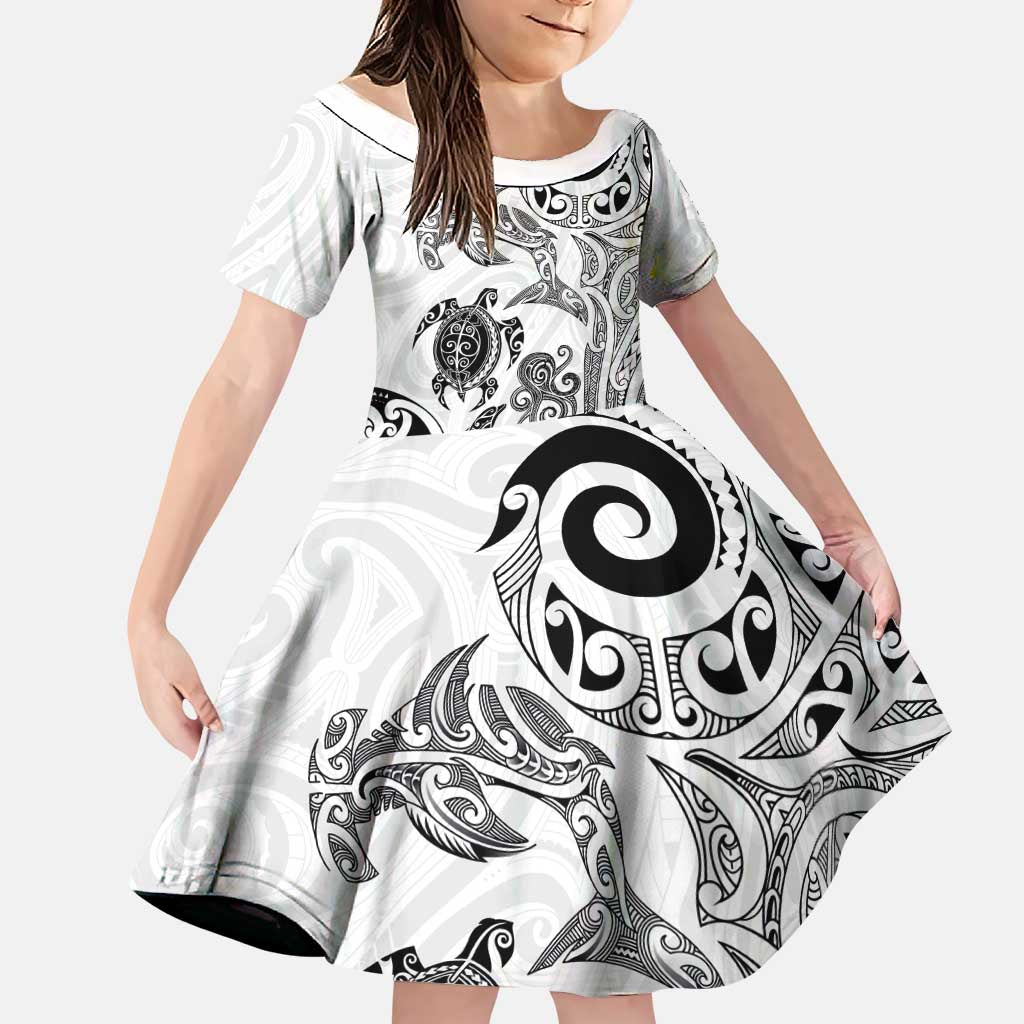 New Zealand Sea Animals with Maori Tribal Tattoo Family Matching Puletasi and Hawaiian Shirt White Color LT03 Daughter's Dress White - Polynesian Pride