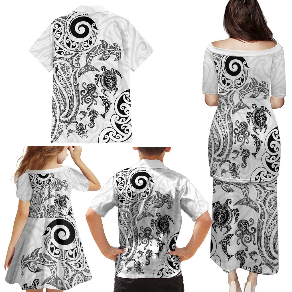 New Zealand Sea Animals with Maori Tribal Tattoo Family Matching Puletasi and Hawaiian Shirt White Color LT03 - Polynesian Pride