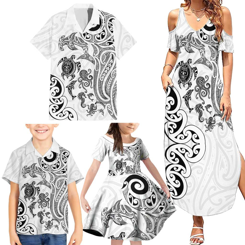 New Zealand Sea Animals with Maori Tribal Tattoo Family Matching Summer Maxi Dress and Hawaiian Shirt White Color LT03 - Polynesian Pride