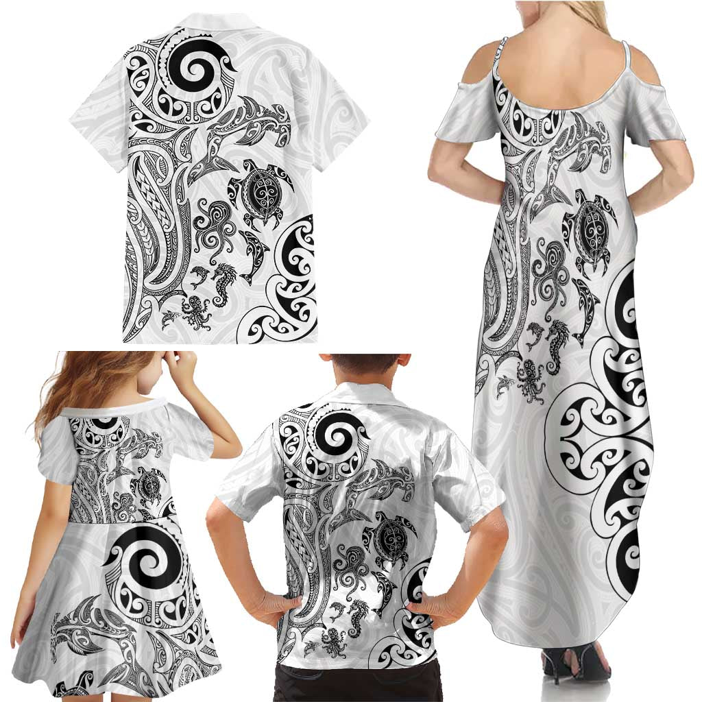 New Zealand Sea Animals with Maori Tribal Tattoo Family Matching Summer Maxi Dress and Hawaiian Shirt White Color LT03 - Polynesian Pride