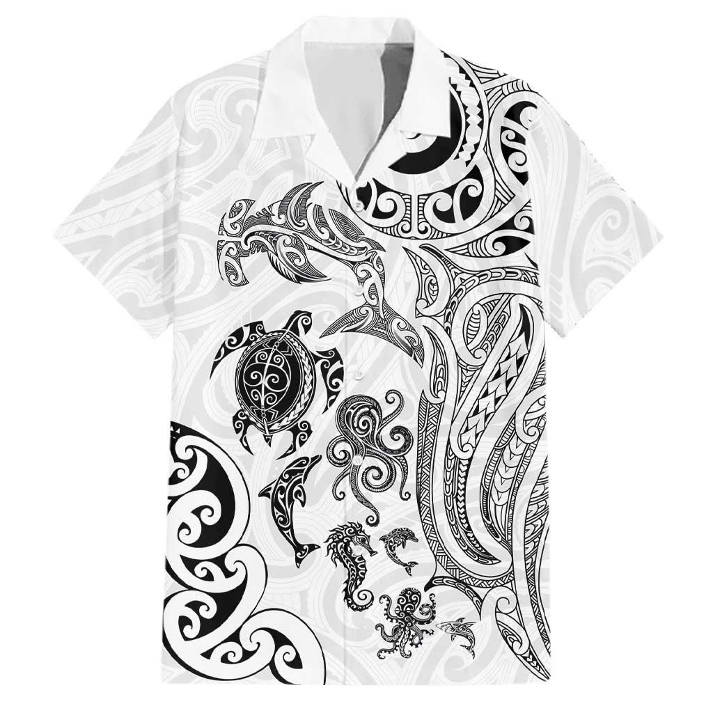 New Zealand Sea Animals with Maori Tribal Tattoo Family Matching Summer Maxi Dress and Hawaiian Shirt White Color LT03 Dad's Shirt - Short Sleeve White - Polynesian Pride