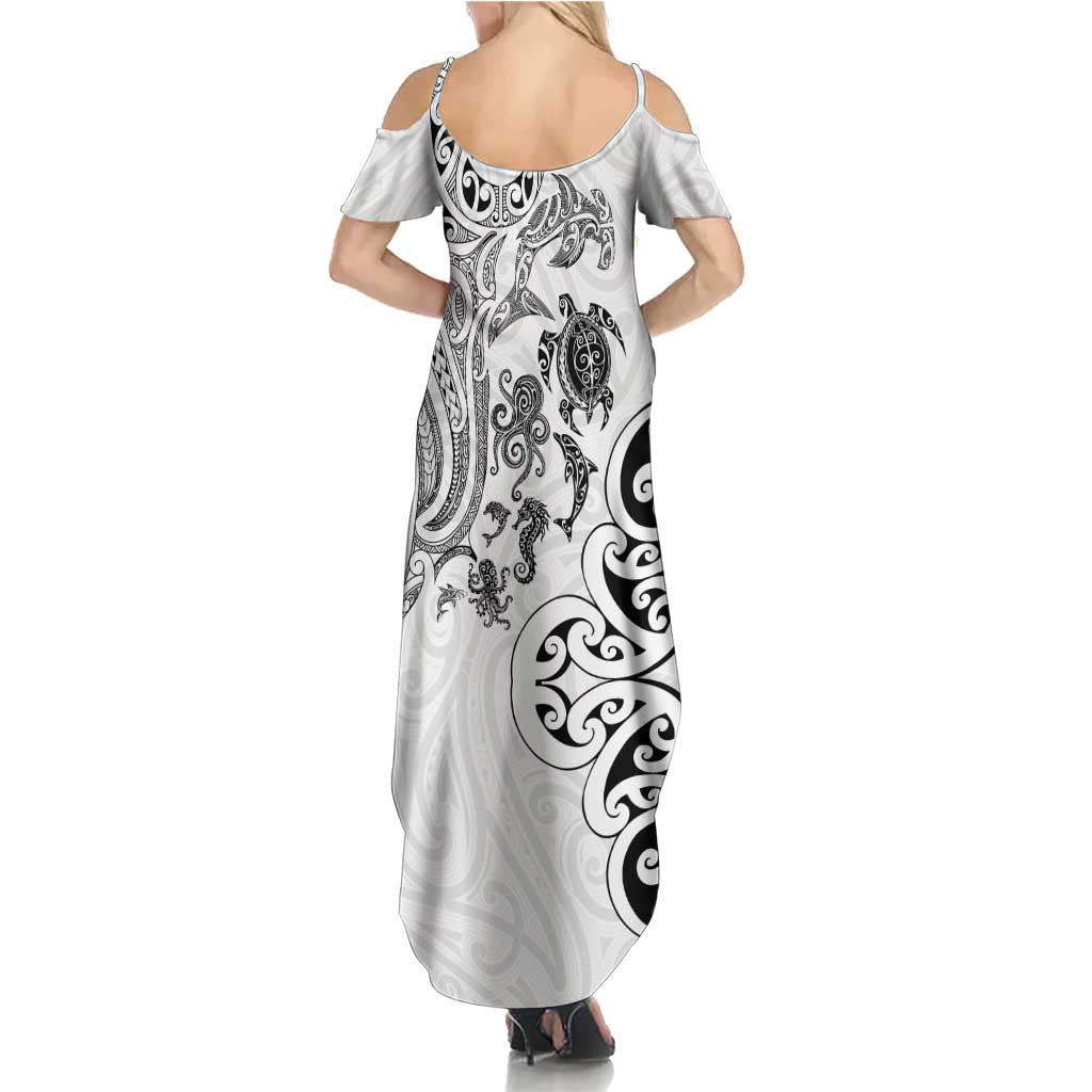 New Zealand Sea Animals with Maori Tribal Tattoo Family Matching Summer Maxi Dress and Hawaiian Shirt White Color LT03 - Polynesian Pride