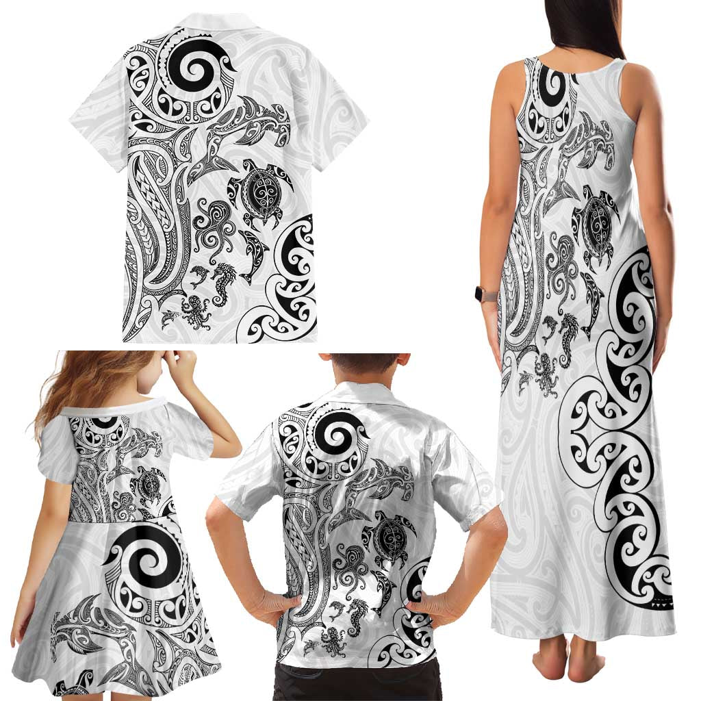 New Zealand Sea Animals with Maori Tribal Tattoo Family Matching Tank Maxi Dress and Hawaiian Shirt White Color LT03 - Polynesian Pride