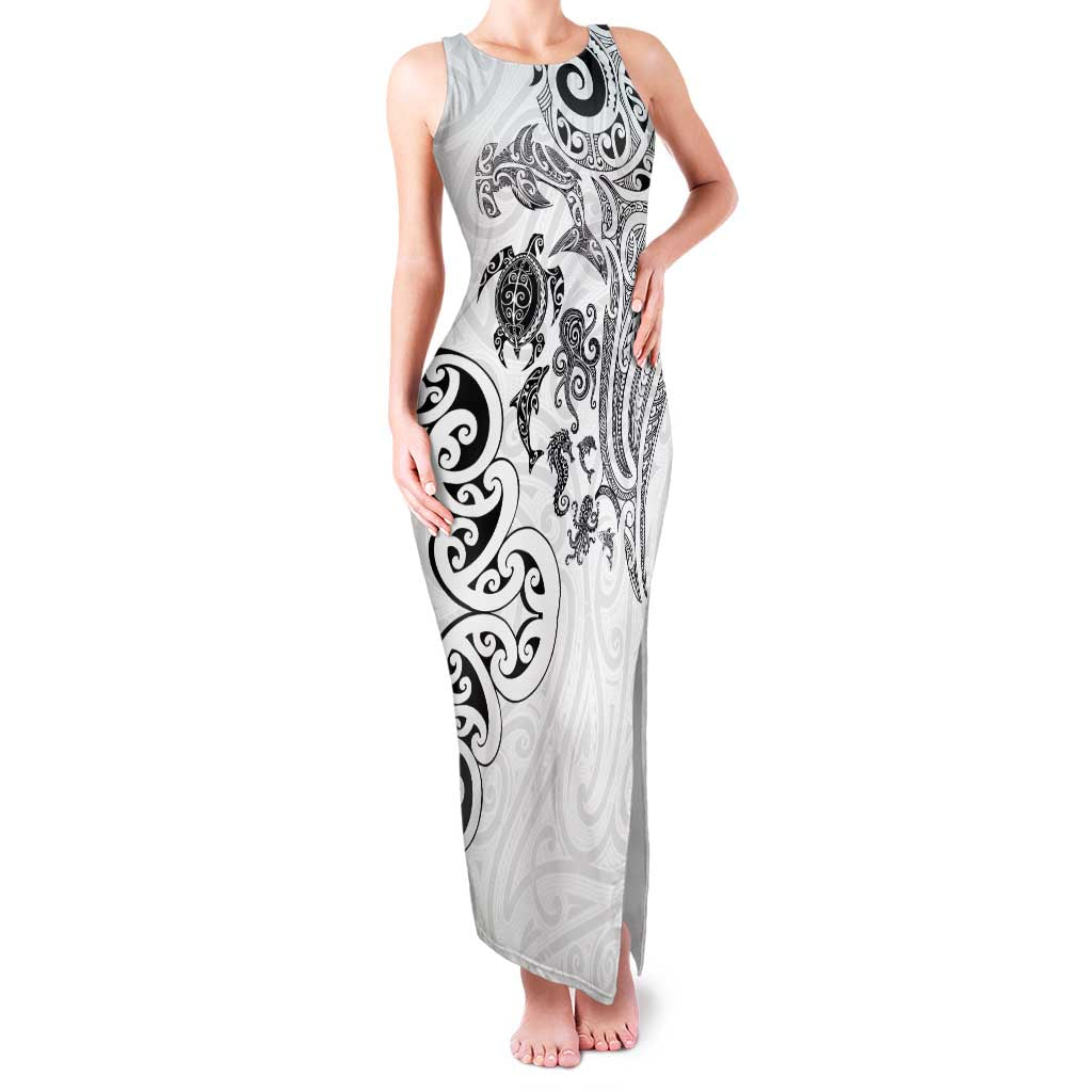 New Zealand Sea Animals with Maori Tribal Tattoo Family Matching Tank Maxi Dress and Hawaiian Shirt White Color LT03 Mom's Dress White - Polynesian Pride