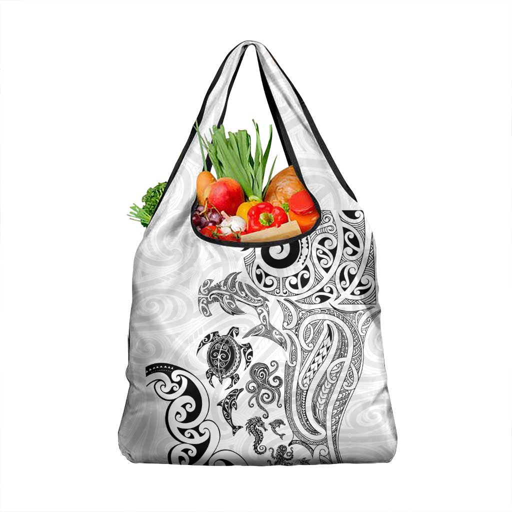 New Zealand Sea Animals with Maori Tribal Tattoo Grocery Bag White Color