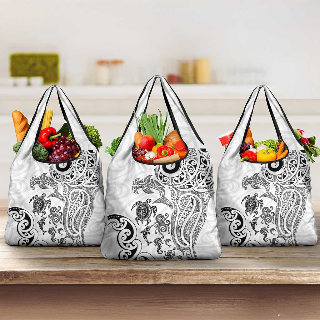 New Zealand Sea Animals with Maori Tribal Tattoo Grocery Bag White Color