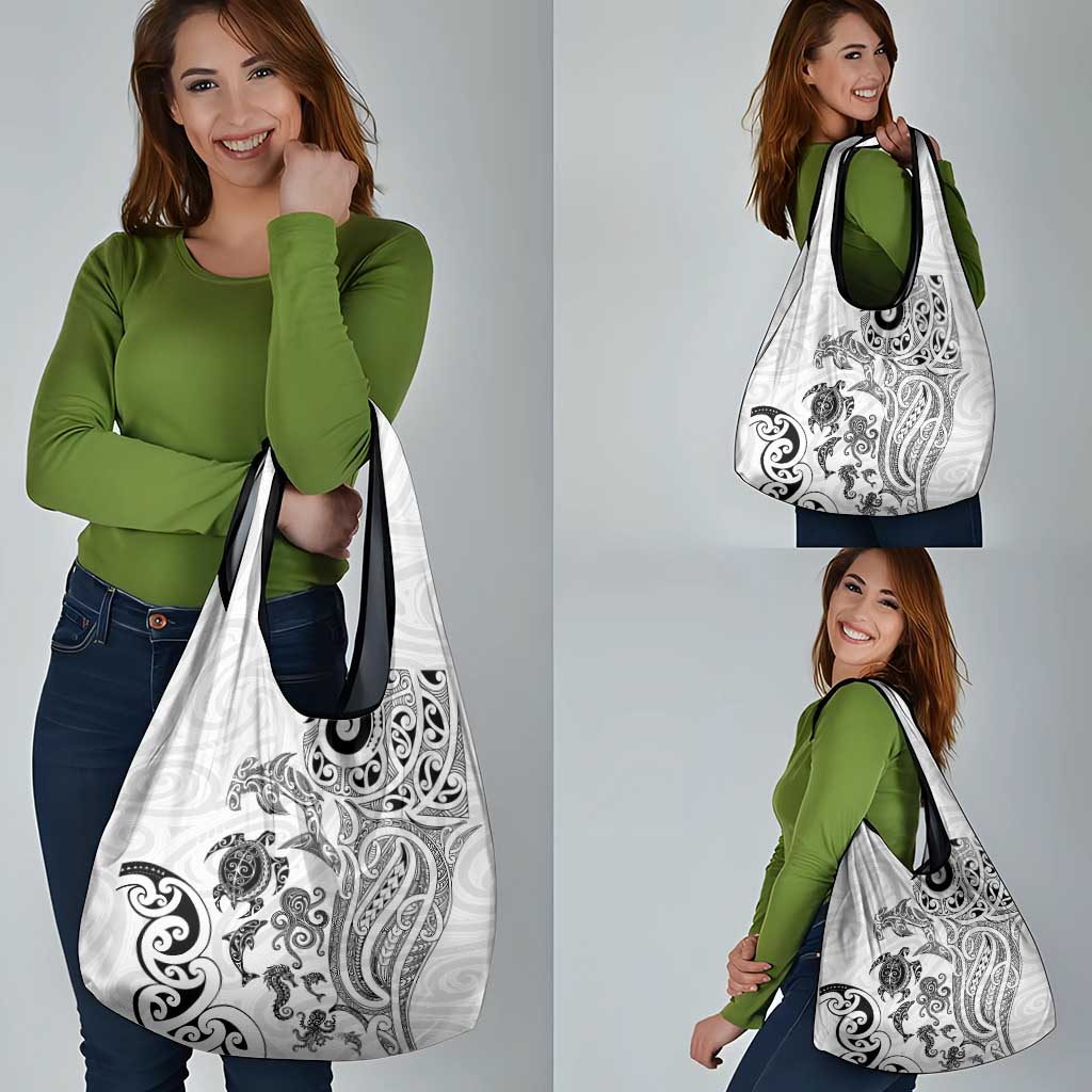 New Zealand Sea Animals with Maori Tribal Tattoo Grocery Bag White Color
