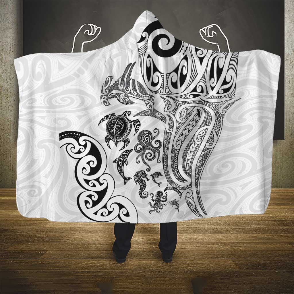 New Zealand Sea Animals with Maori Tribal Tattoo Hooded Blanket White Color LT03 - Polynesian Pride