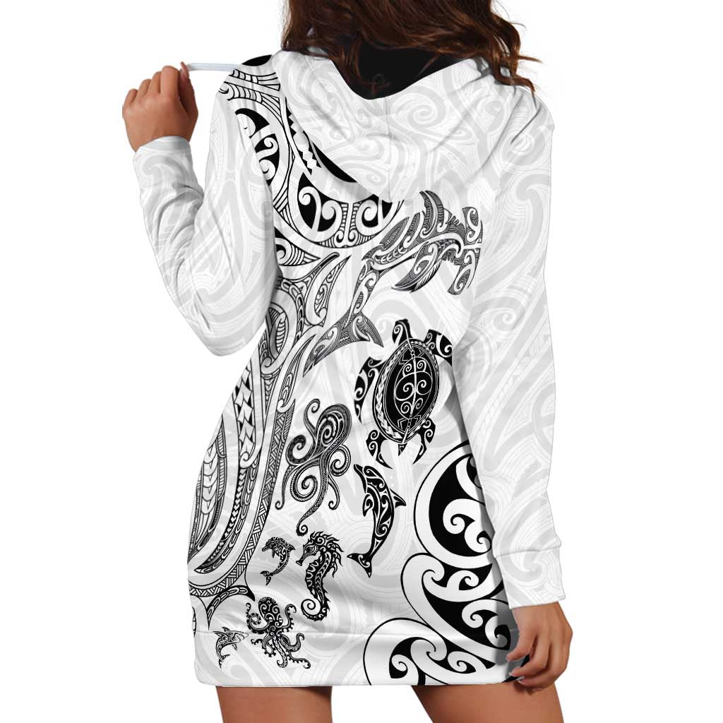 New Zealand Sea Animals with Maori Tribal Tattoo Hoodie Dress White Color LT03 - Polynesian Pride