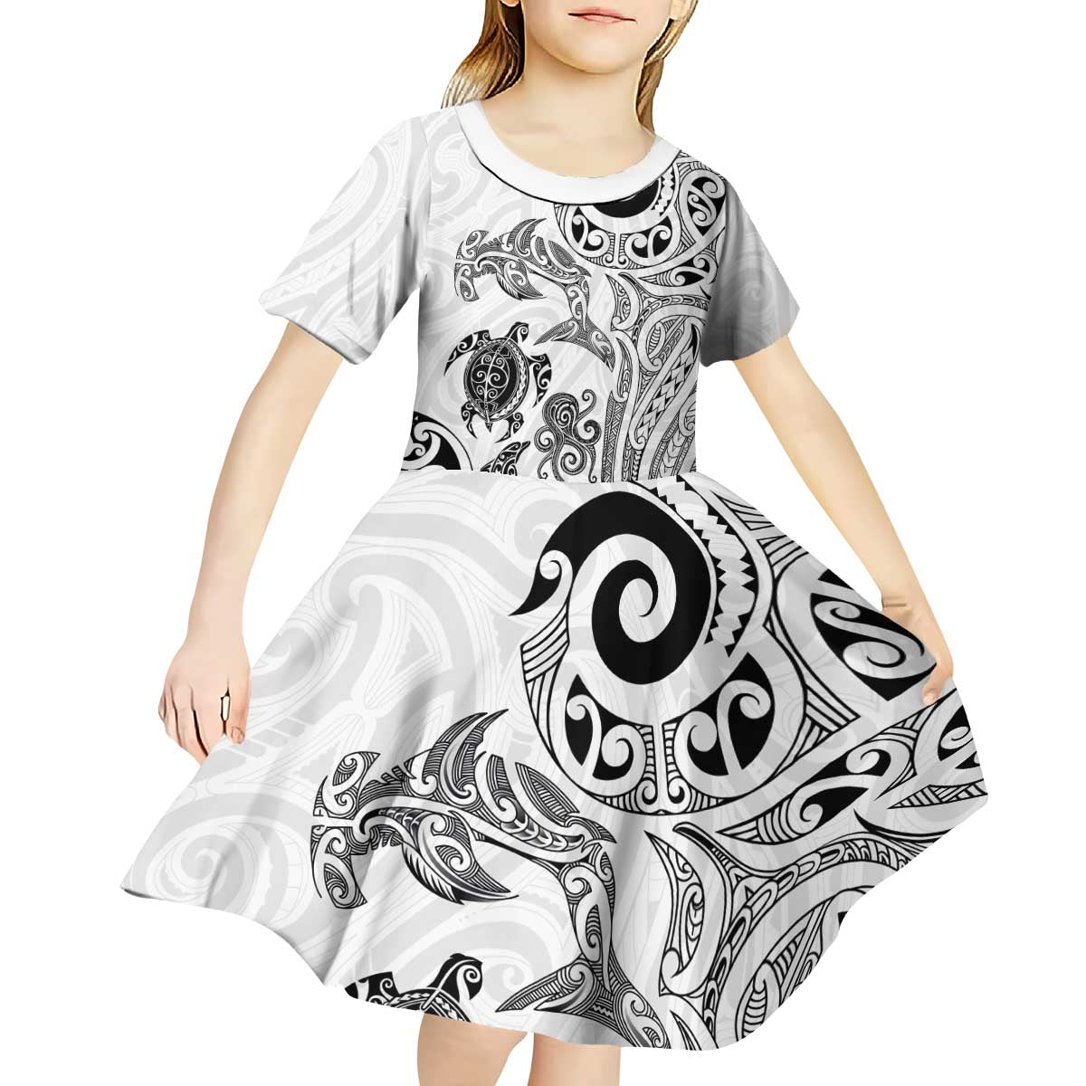 New Zealand Sea Animals with Maori Tribal Tattoo Kid Short Sleeve Dress White Color LT03 - Polynesian Pride