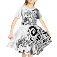 New Zealand Sea Animals with Maori Tribal Tattoo Kid Short Sleeve Dress White Color LT03 - Polynesian Pride