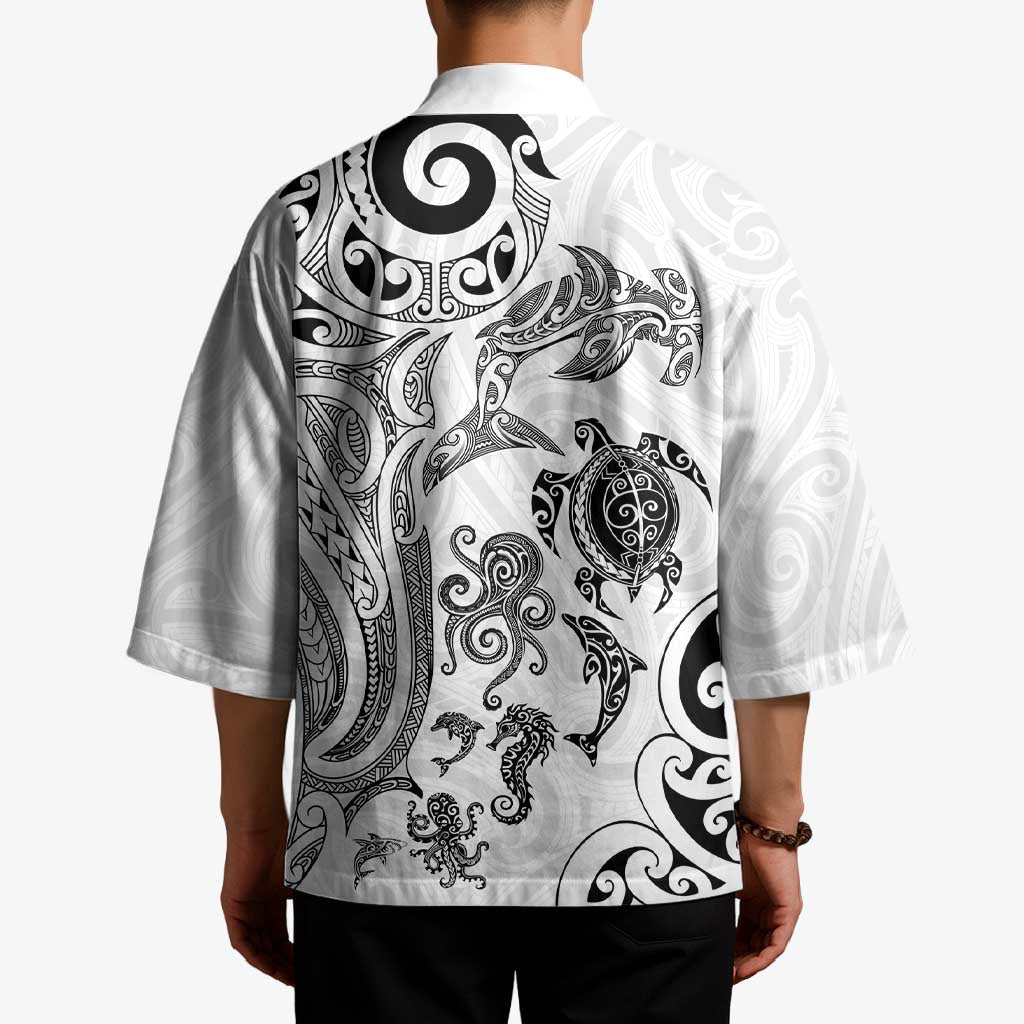 New Zealand Sea Animals with Maori Tribal Tattoo Kimono White Color