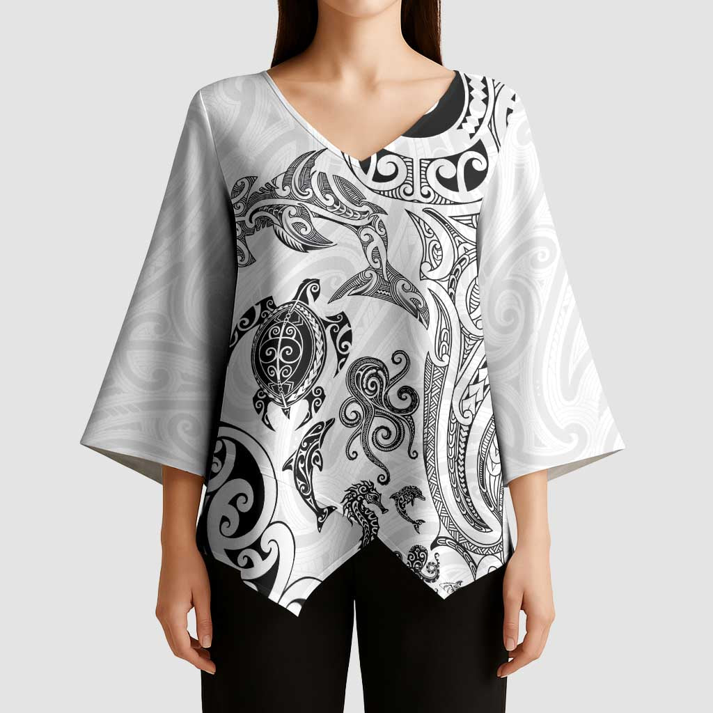 New Zealand Sea Animals with Maori Tribal Tattoo Kimono Sleeve Blouse White Color LT03 - Polynesian Pride