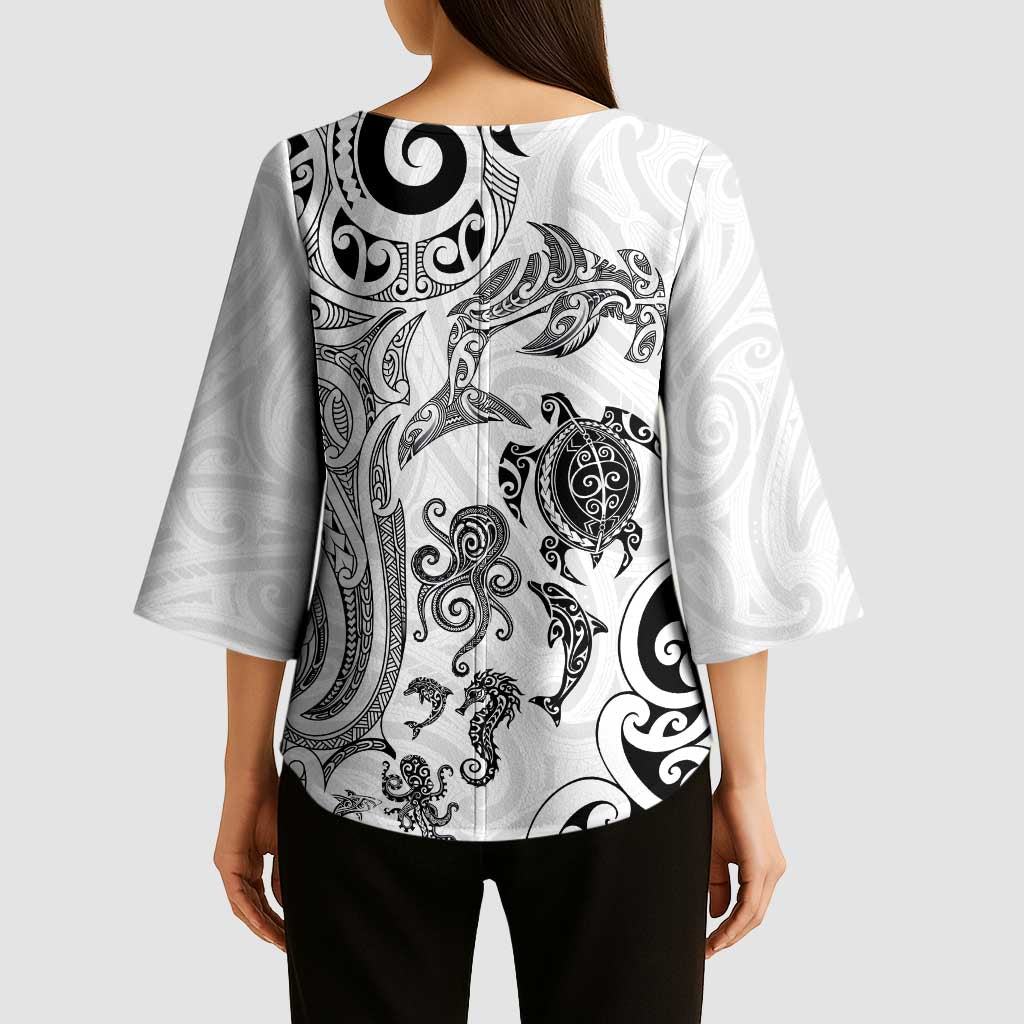 New Zealand Sea Animals with Maori Tribal Tattoo Kimono Sleeve Blouse White Color LT03 - Polynesian Pride
