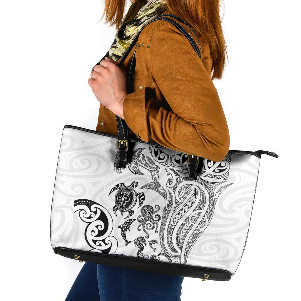New Zealand Sea Animals with Maori Tribal Tattoo Leather Tote Bag White Color