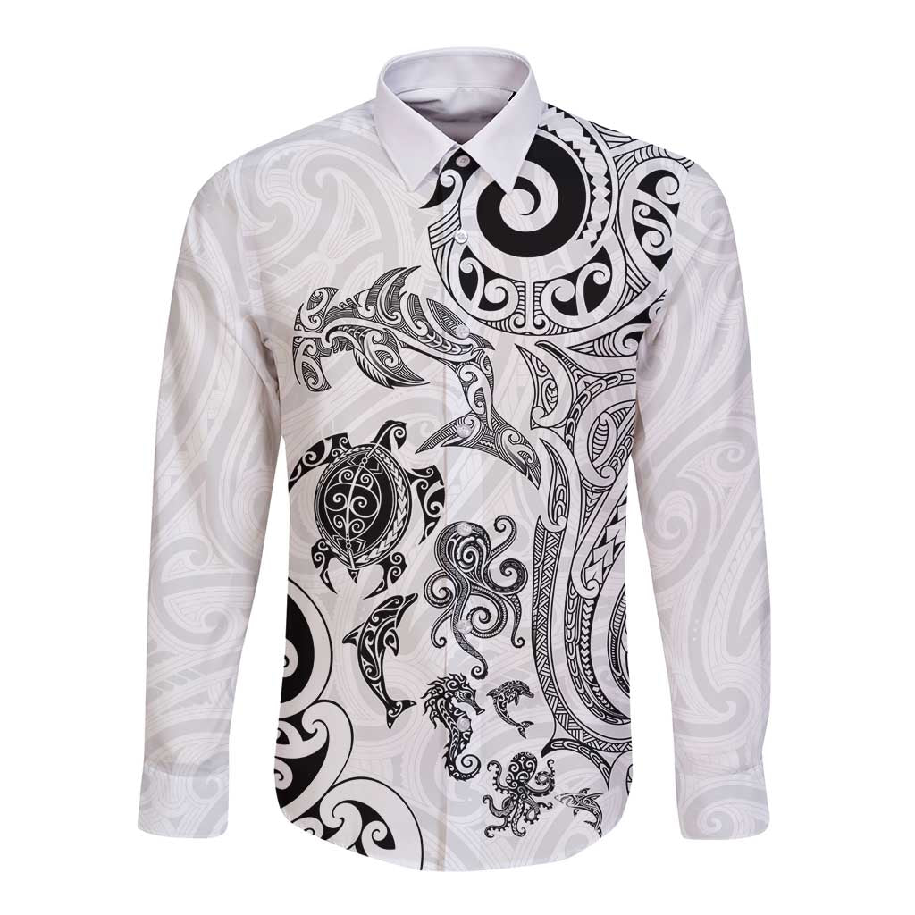 New Zealand Sea Animals with Maori Tribal Tattoo Long Sleeve Button Shirt White Color