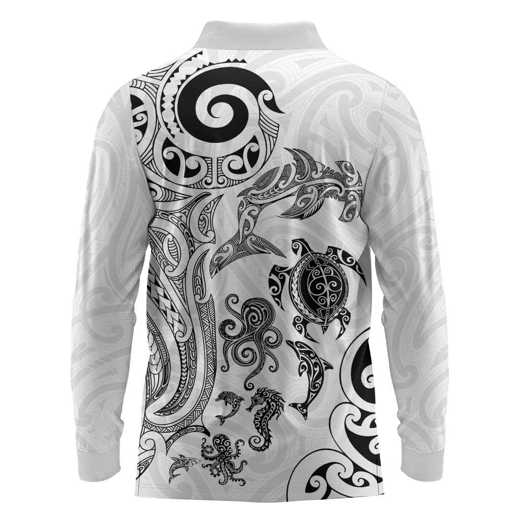 New Zealand Sea Animals with Maori Tribal Tattoo Long Sleeve Polo Shirt White Color LT03 - Polynesian Pride