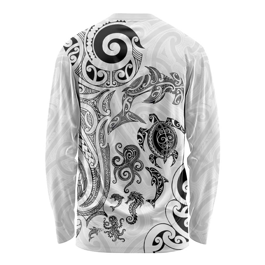 New Zealand Sea Animals with Maori Tribal Tattoo Long Sleeve Shirt White Color LT03 - Polynesian Pride