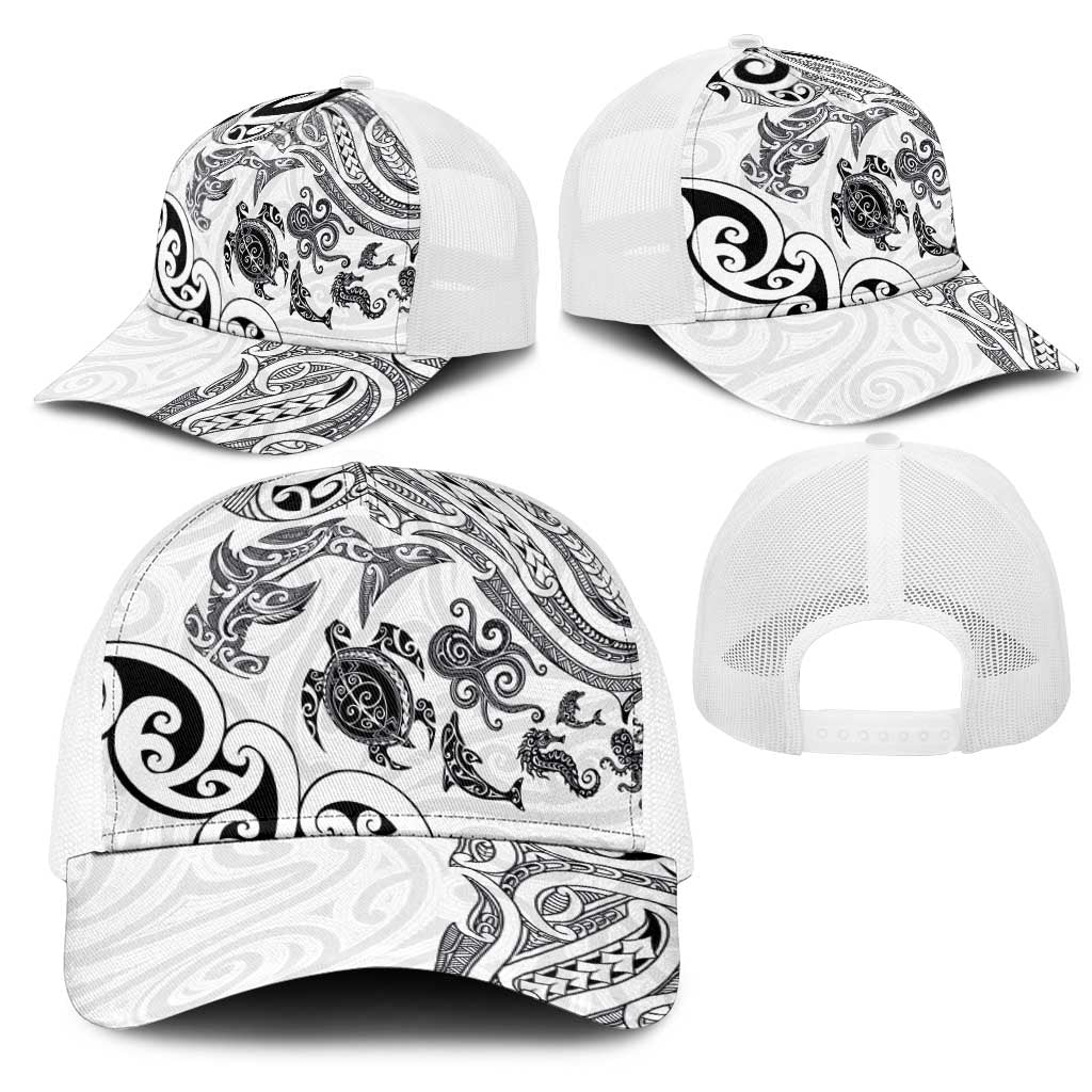 New Zealand Sea Animals with Maori Tribal Tattoo Mesh Trucker Cap White Color