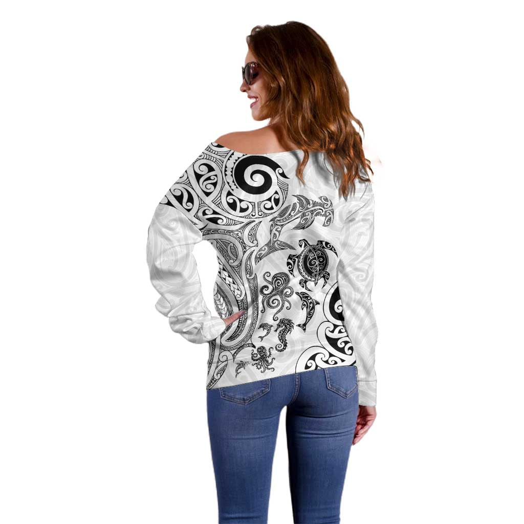 New Zealand Sea Animals with Maori Tribal Tattoo Off Shoulder Sweater White Color