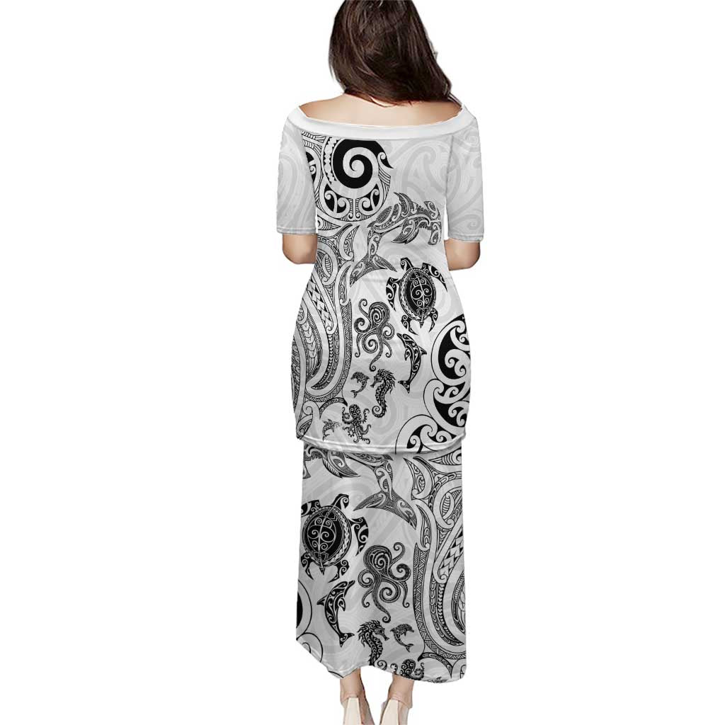 New Zealand Sea Animals with Maori Tribal Tattoo Puletasi White Color LT03 - Polynesian Pride