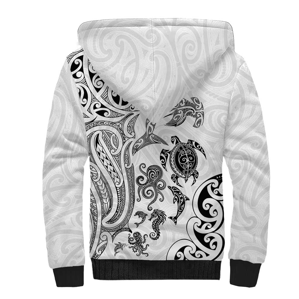 New Zealand Sea Animals with Maori Tribal Tattoo Sherpa Hoodie White Color LT03 - Polynesian Pride