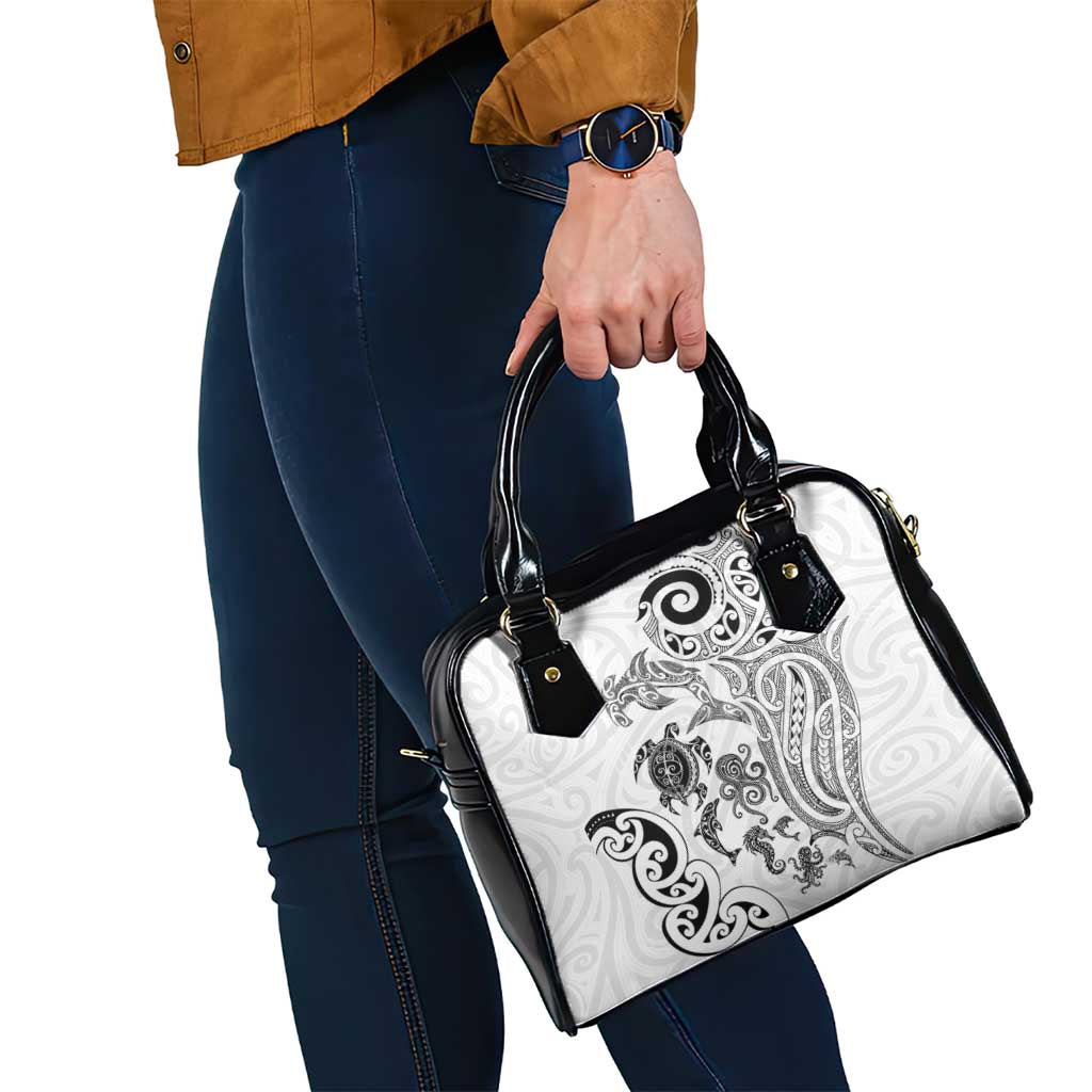 New Zealand Sea Animals with Maori Tribal Tattoo Shoulder Handbag White Color