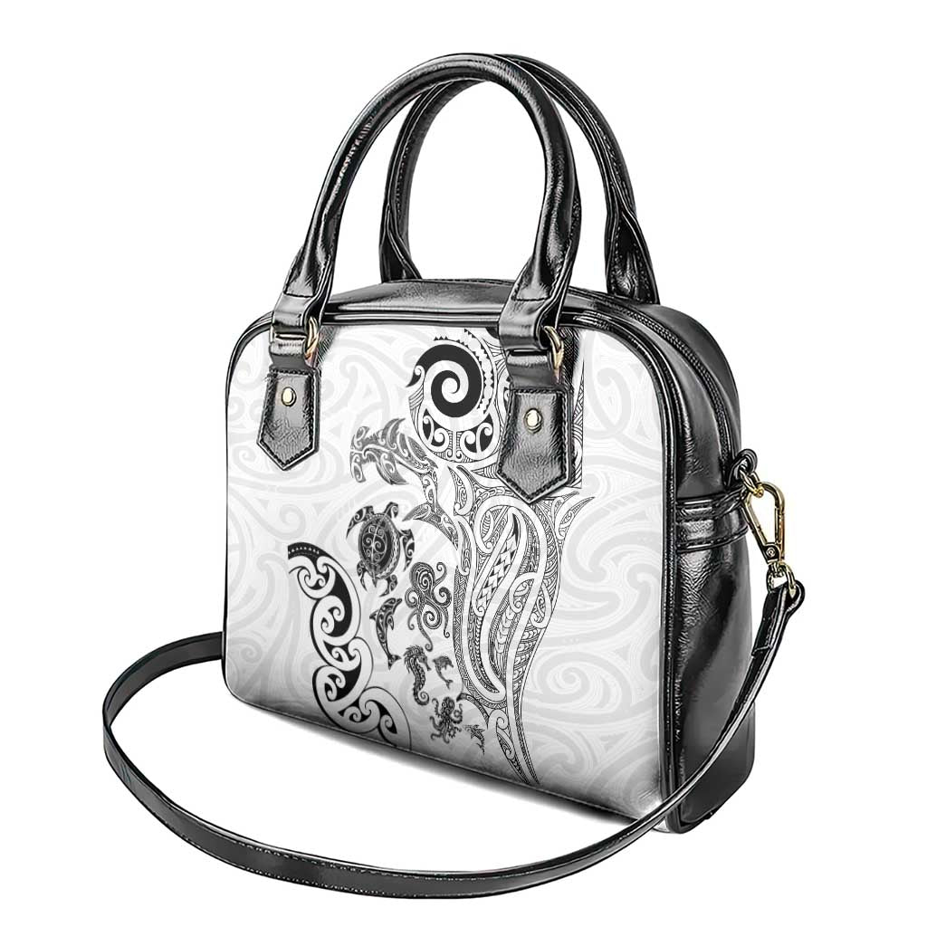 New Zealand Sea Animals with Maori Tribal Tattoo Shoulder Handbag White Color