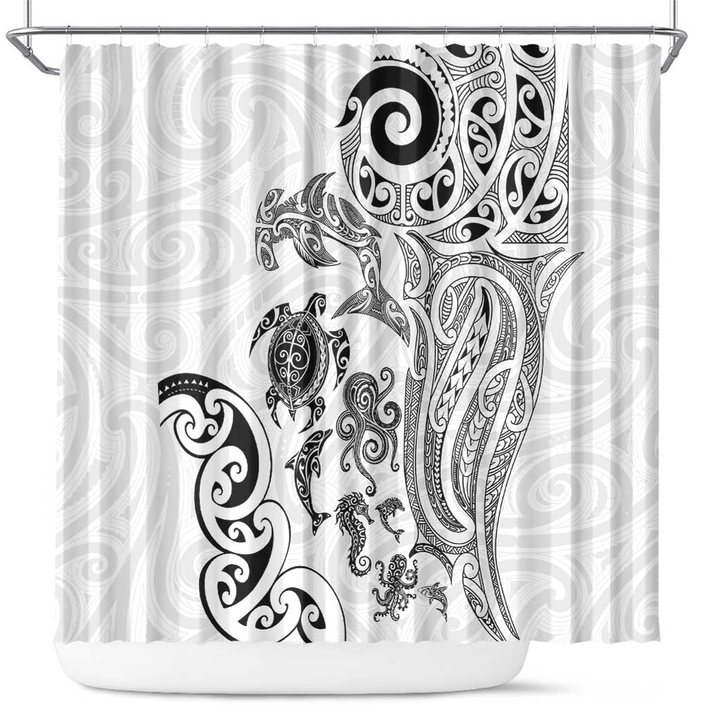 New Zealand Sea Animals with Maori Tribal Tattoo Shower Curtain White Color LT03 White - Polynesian Pride